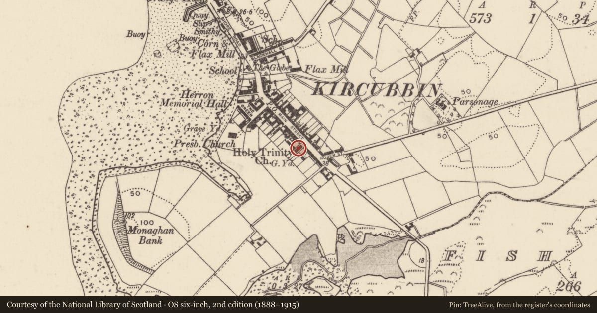 Ordnance Survey six-inch map, 2nd edition (1888–1915) covering the location of Holy Trinity C of I Church, Kircubbin, Ards and North Down, with a pin at the register's coordinates
