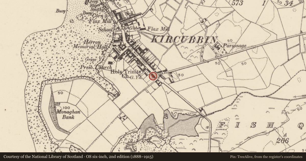 Ordnance Survey six-inch map, 2nd edition (1888–1915) covering the location of 73-91 Main Street, Kircubbin, Ards and North Down, with a pin at the register's coordinates