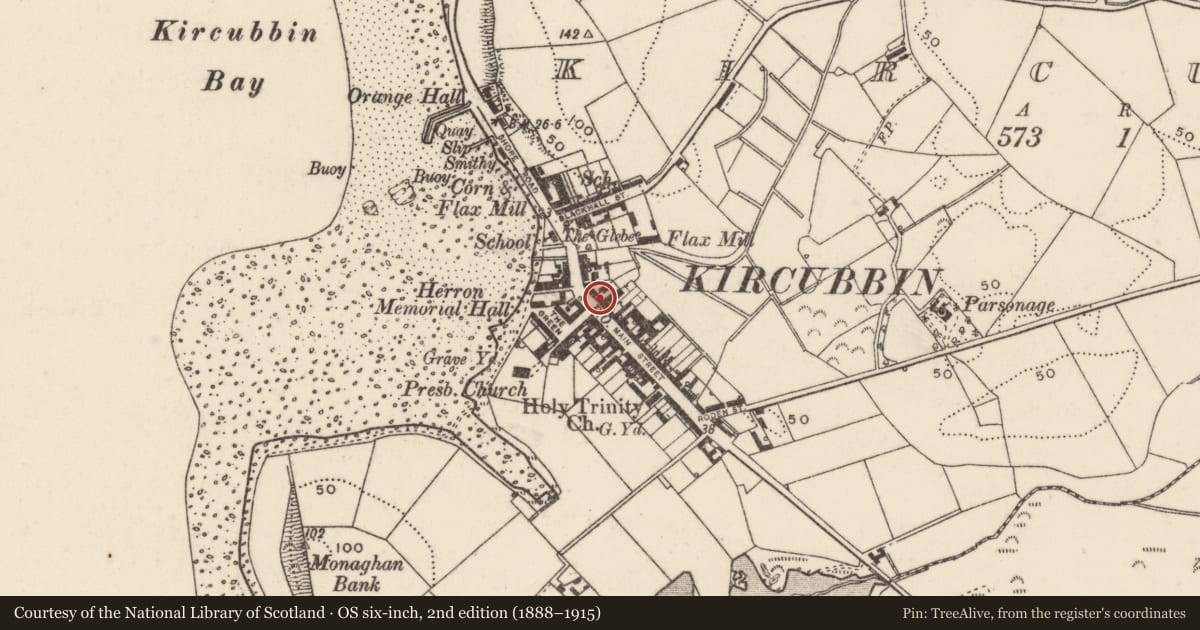 Ordnance Survey six-inch map, 2nd edition (1888–1915) covering the location of 24-26 Main Street, Kircubbin, Ards and North Down, with a pin at the register's coordinates