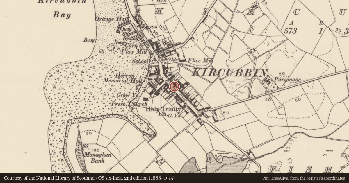 Ordnance Survey six-inch map, 2nd edition (1888–1915) covering the location of 38-40 Main Street, Kircubbin, Ards and North Down, with a pin at the register's coordinates