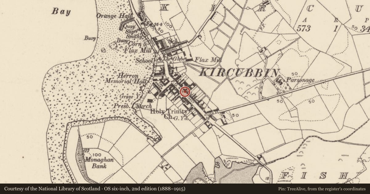 Ordnance Survey six-inch map, 2nd edition (1888–1915) covering the location of 44-48 Main Street, Kircubbin, Ards and North Down, with a pin at the register's coordinates