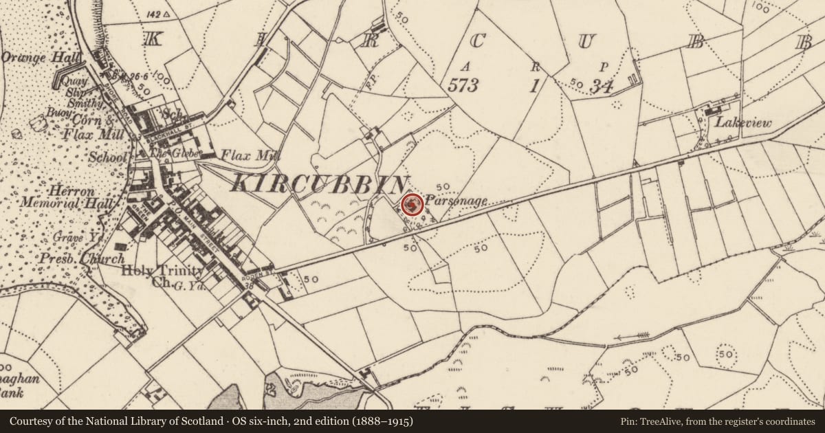 Ordnance Survey six-inch map, 2nd edition (1888–1915) covering the location of ’The Rectory’, Kircubbin, Ards and North Down, with a pin at the register's coordinates