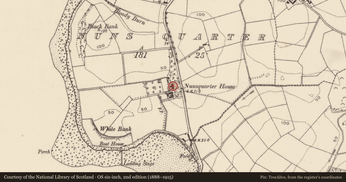 Ordnance Survey six-inch map, 2nd edition (1888–1915) covering the location of Nunsquarter House, Nuns Quarter, Ards and North Down, with a pin at the register's coordinates