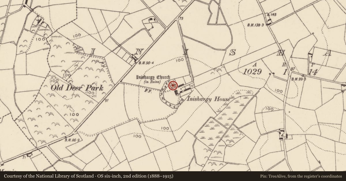 Ordnance Survey six-inch map, 2nd edition (1888–1915) covering the location of Inishargy Church, Ards and North Down, with a pin at the register's coordinates