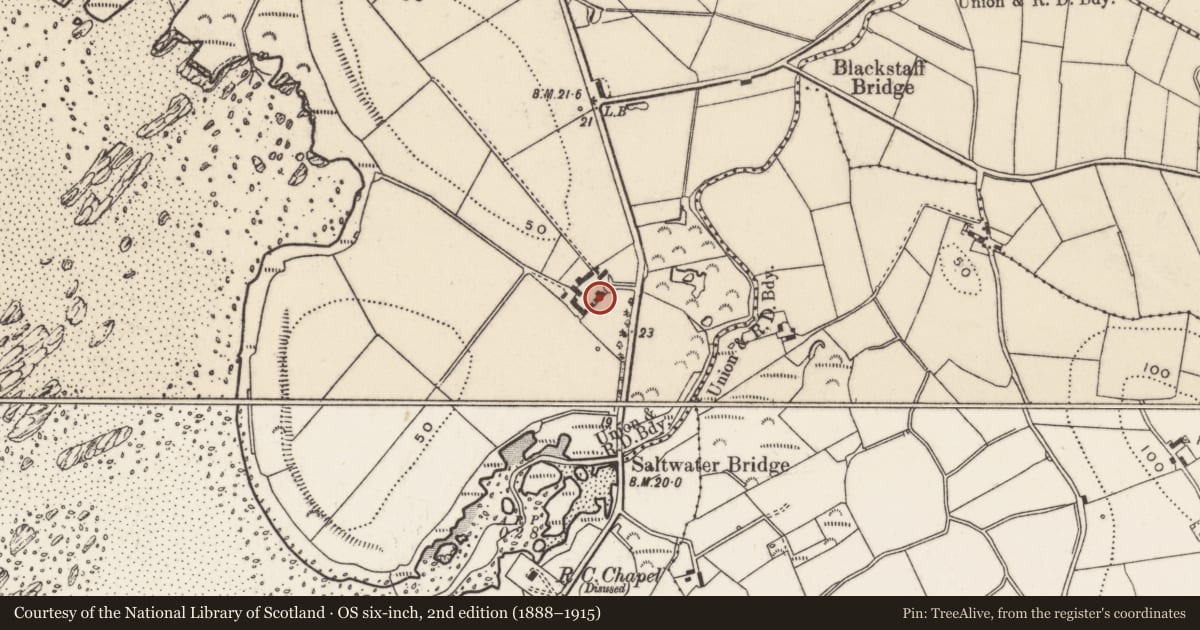 Ordnance Survey six-inch map, 2nd edition (1888–1915) covering the location of 41 Rowreagh Road, Gransha, Ards and North Down, with a pin at the register's coordinates