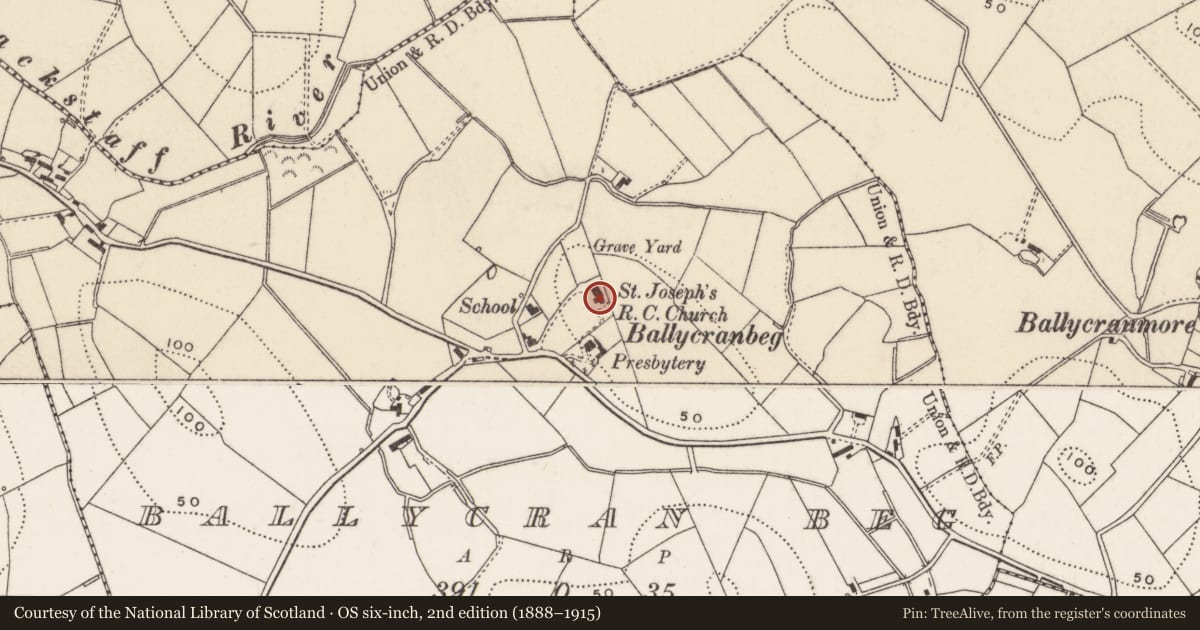 Ordnance Survey six-inch map, 2nd edition (1888–1915) covering the location of St. Joseph’s RC Church, Ballycran Beg, Ards and North Down, with a pin at the register's coordinates