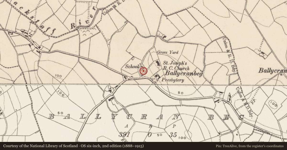 Ordnance Survey six-inch map, 2nd edition (1888–1915) covering the location of Ballycran National School, Ballycran Beg, Ards and North Down, with a pin at the register's coordinates