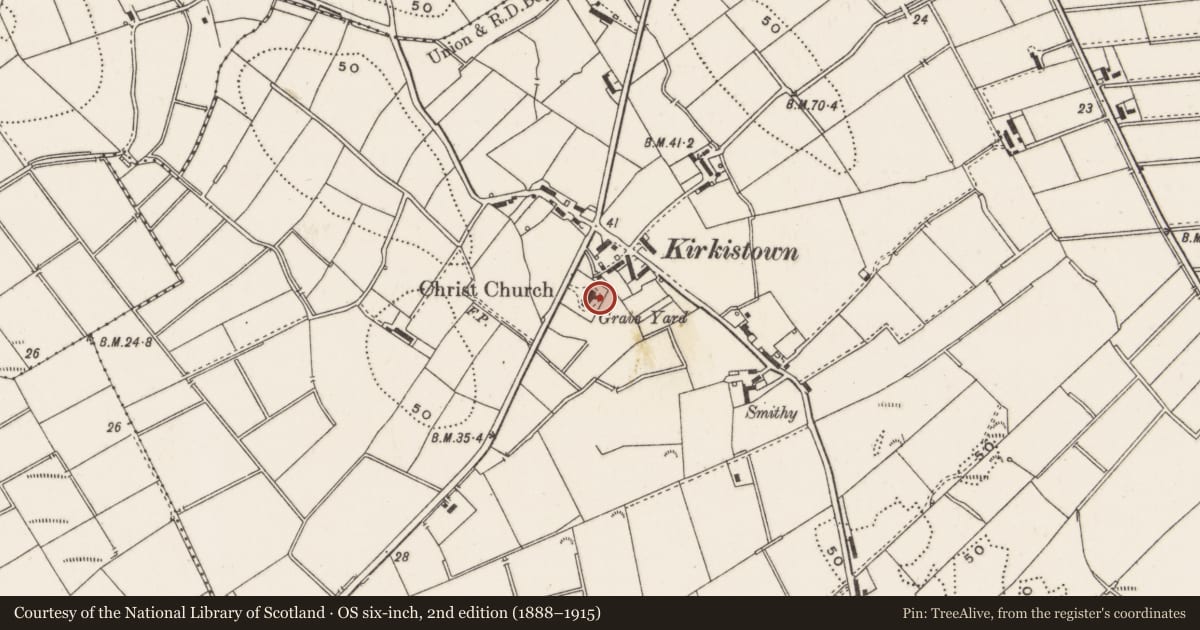 Ordnance Survey six-inch map, 2nd edition (1888–1915) covering the location of Christ Church (C of I), Kirkistown, Ards and North Down, with a pin at the register's coordinates