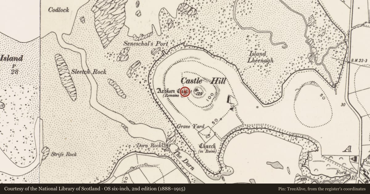 Ordnance Survey six-inch map, 2nd edition (1888–1915) covering the location of Ardkeen Tower House, Ards and North Down, with a pin at the register's coordinates