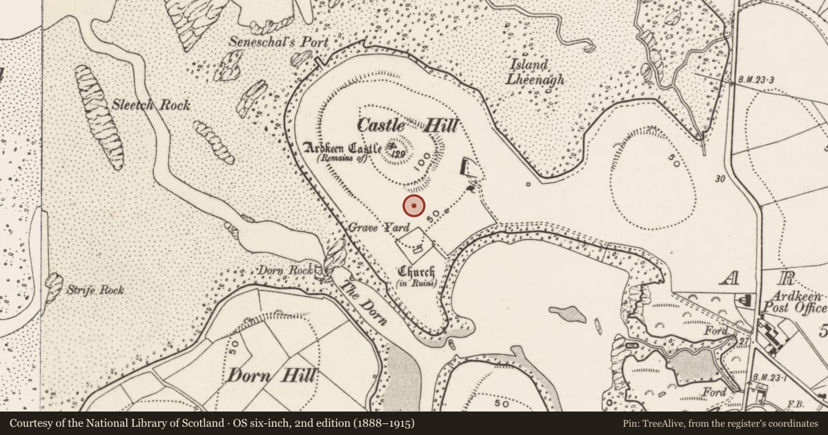 Ordnance Survey six-inch map, 2nd edition (1888–1915) covering the location of Ardkeen Old Church, Ards and North Down, with a pin at the register's coordinates