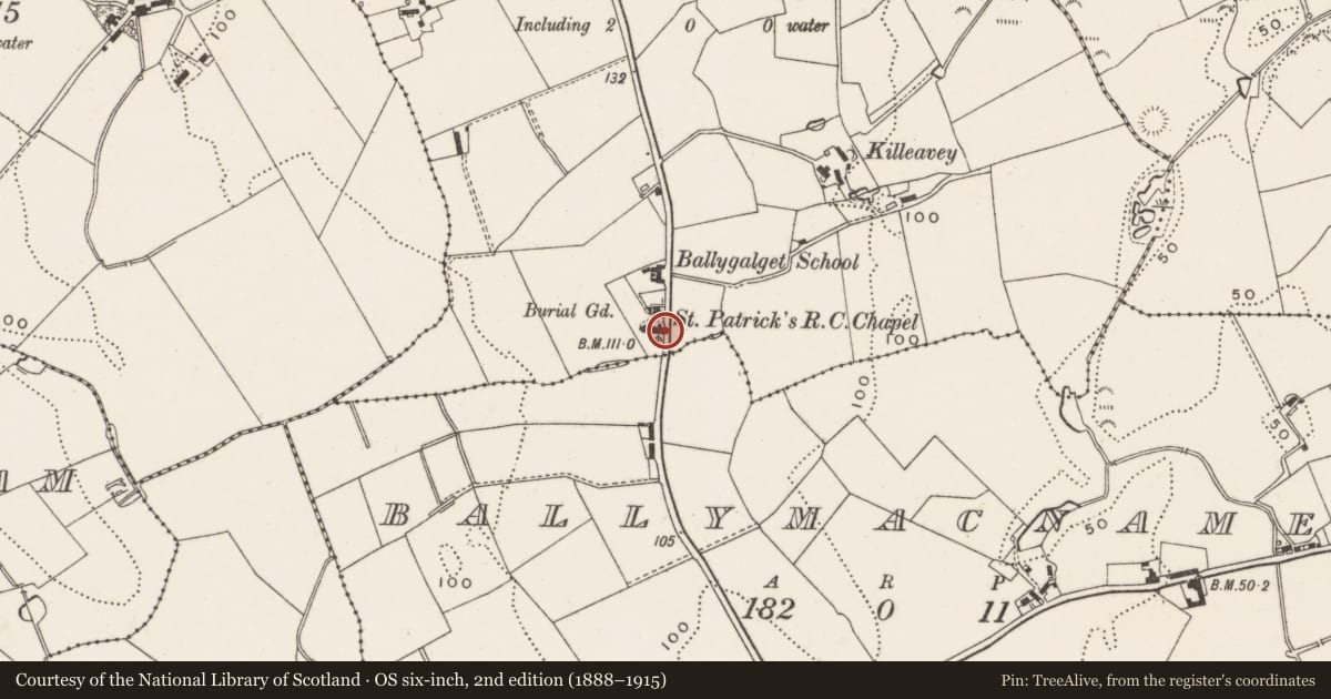 Ordnance Survey six-inch map, 2nd edition (1888–1915) covering the location of St. Patrick’s RC Church, Ballygalet, Ards and North Down, with a pin at the register's coordinates