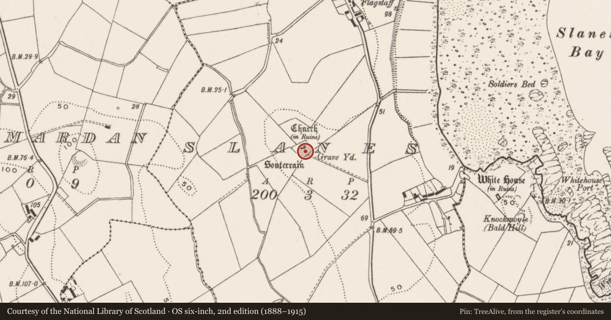 Ordnance Survey six-inch map, 2nd edition (1888–1915) covering the location of Slanes Church, Ards and North Down, with a pin at the register's coordinates