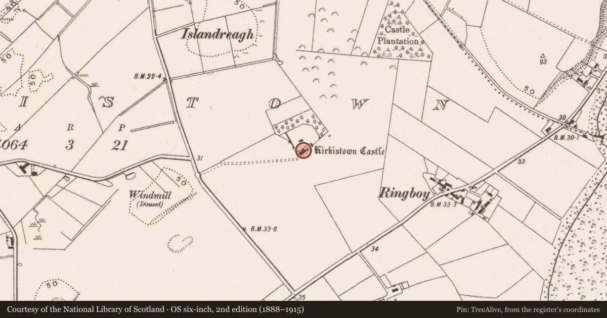 Ordnance Survey six-inch map, 2nd edition (1888–1915) covering the location of Barn by Kirkistown Castle, Ards and North Down, with a pin at the register's coordinates