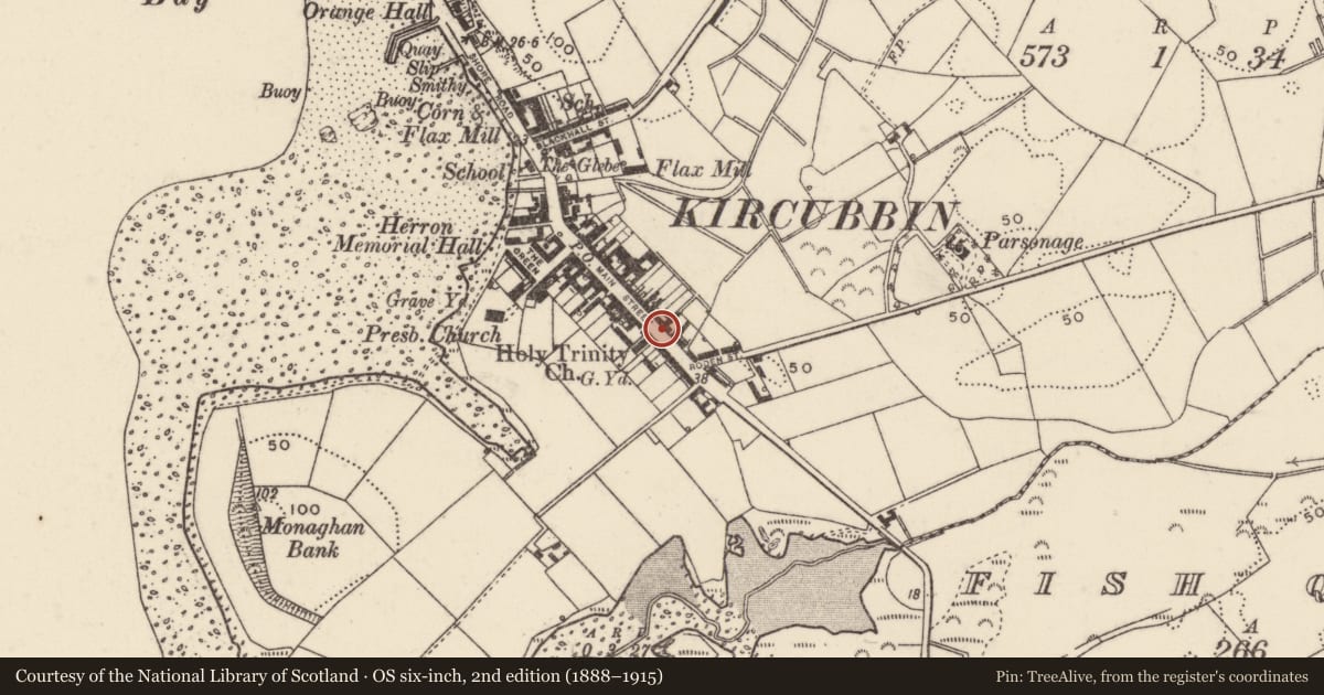 Ordnance Survey six-inch map, 2nd edition (1888–1915) covering the location of 74-76 Main Street, Kircubbin, Ards and North Down, with a pin at the register's coordinates