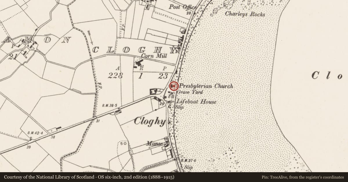 Ordnance Survey six-inch map, 2nd edition (1888–1915) covering the location of Old Presbyterian Church, 1A Main Road, Cloughy, BT22 1GB, Cloghy, Ards and North Down, with a pin at the register's coordinates
