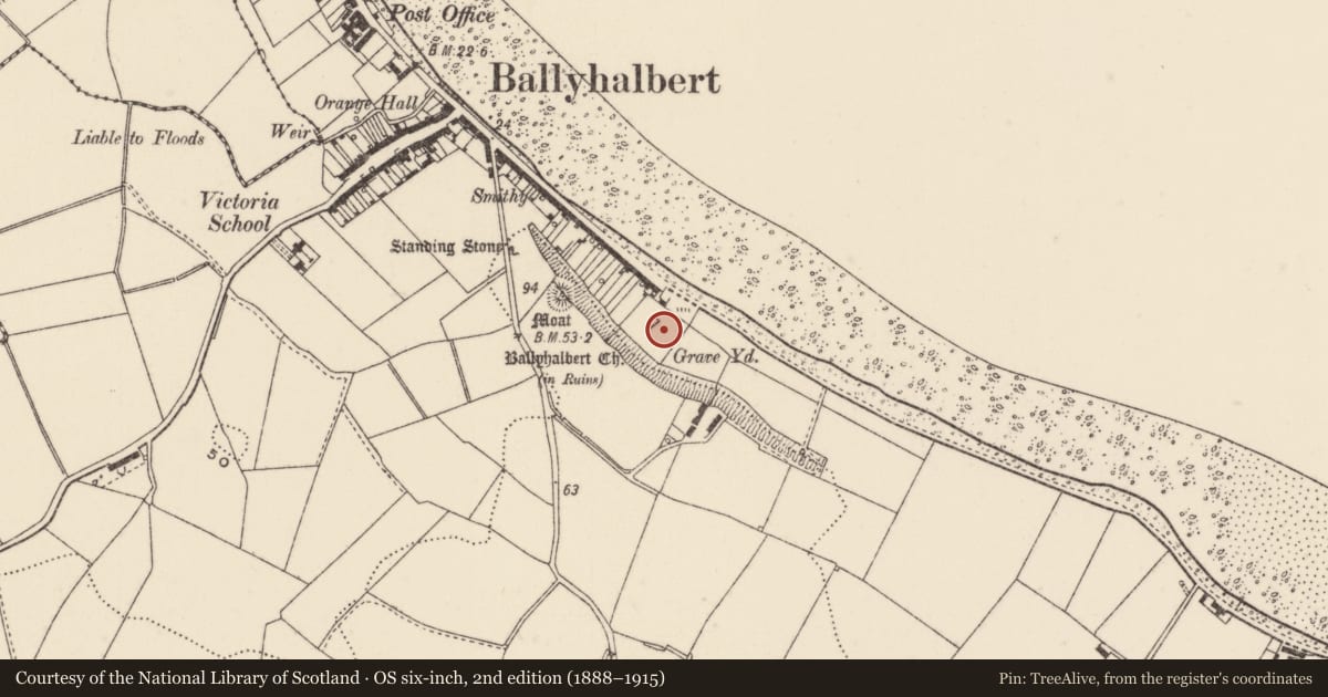 Ordnance Survey six-inch map, 2nd edition (1888–1915) covering the location of Ballyhalbert Church, Ards and North Down, with a pin at the register's coordinates