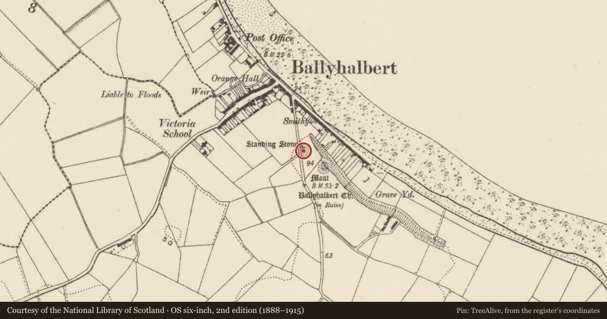 Ordnance Survey six-inch map, 2nd edition (1888–1915) covering the location of Standing Stone, Ballyhalbert, Ards and North Down, with a pin at the register's coordinates