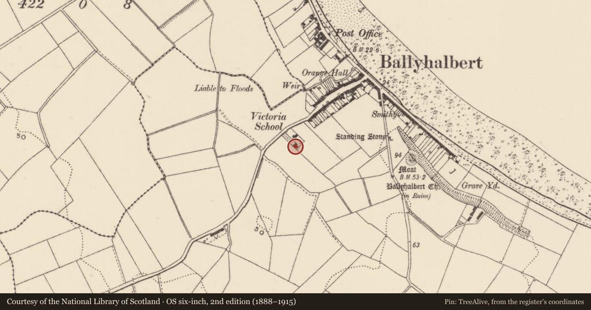 Ordnance Survey six-inch map, 2nd edition (1888–1915) covering the location of School Master's House, Ballyhalbert, Ards and North Down, with a pin at the register's coordinates