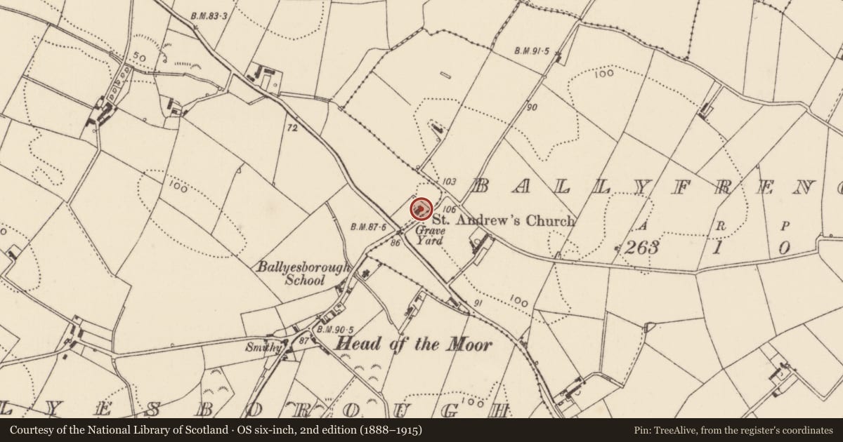 Ordnance Survey six-inch map, 2nd edition (1888–1915) covering the location of St. Andrew’s Parish (C of I) Church, Ballyesborough, Ards and North Down, with a pin at the register's coordinates