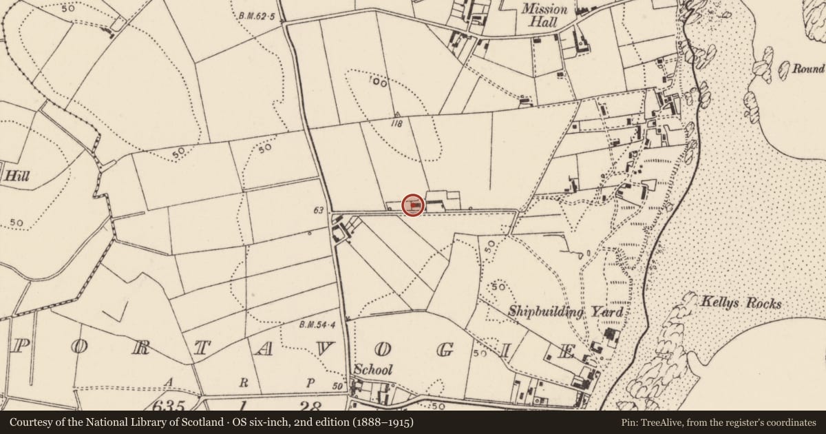 Ordnance Survey six-inch map, 2nd edition (1888–1915) covering the location of 83 Main Road, Portavogie, Ards and North Down, with a pin at the register's coordinates