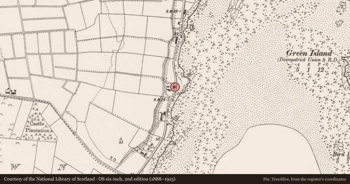 Ordnance Survey six-inch map, 2nd edition (1888–1915) covering the location of 45 Cloughy Road, Ratallagh, Ards and North Down, with a pin at the register's coordinates