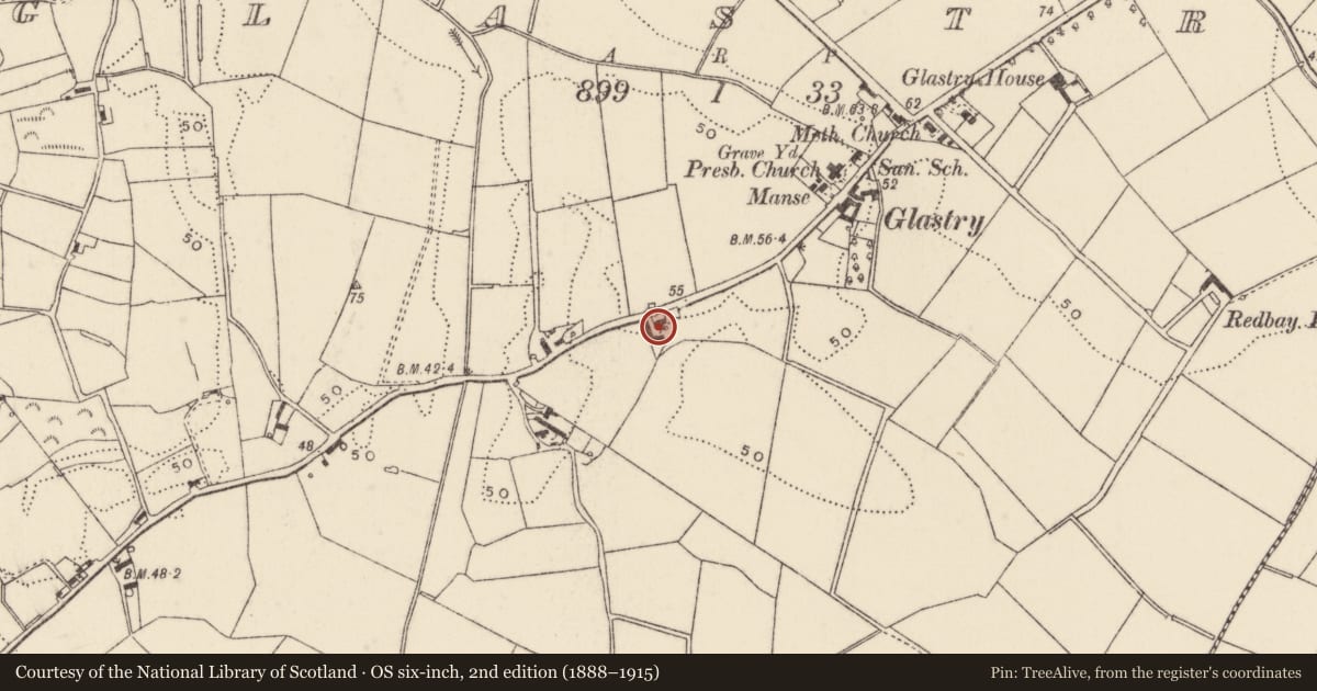 Ordnance Survey six-inch map, 2nd edition (1888–1915) covering the location of 43 Manse Road, Glastry, Ards and North Down, with a pin at the register's coordinates