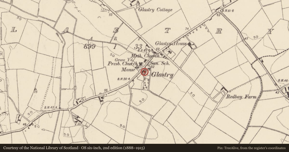 Ordnance Survey six-inch map, 2nd edition (1888–1915) covering the location of 47 Manse Road, Glastry, Ards and North Down, with a pin at the register's coordinates