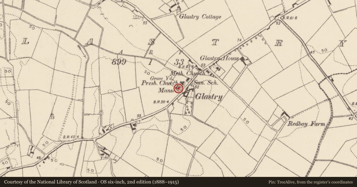 Ordnance Survey six-inch map, 2nd edition (1888–1915) covering the location of Presbyterian Manse, Glastry, Ards and North Down, with a pin at the register's coordinates