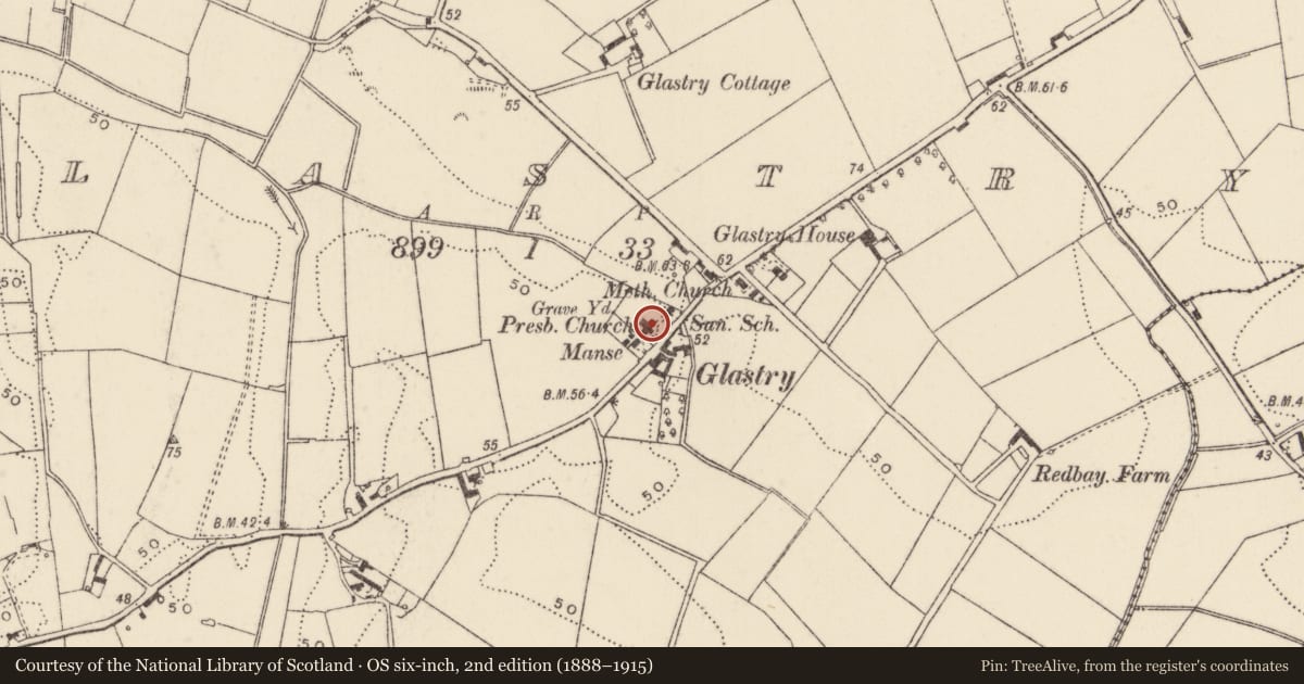 Ordnance Survey six-inch map, 2nd edition (1888–1915) covering the location of Glastry Presbyterian Church, Ards and North Down, with a pin at the register's coordinates