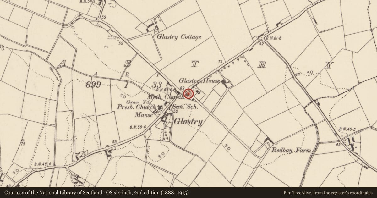 Ordnance Survey six-inch map, 2nd edition (1888–1915) covering the location of Glastry Methodist Church, Ards and North Down, with a pin at the register's coordinates