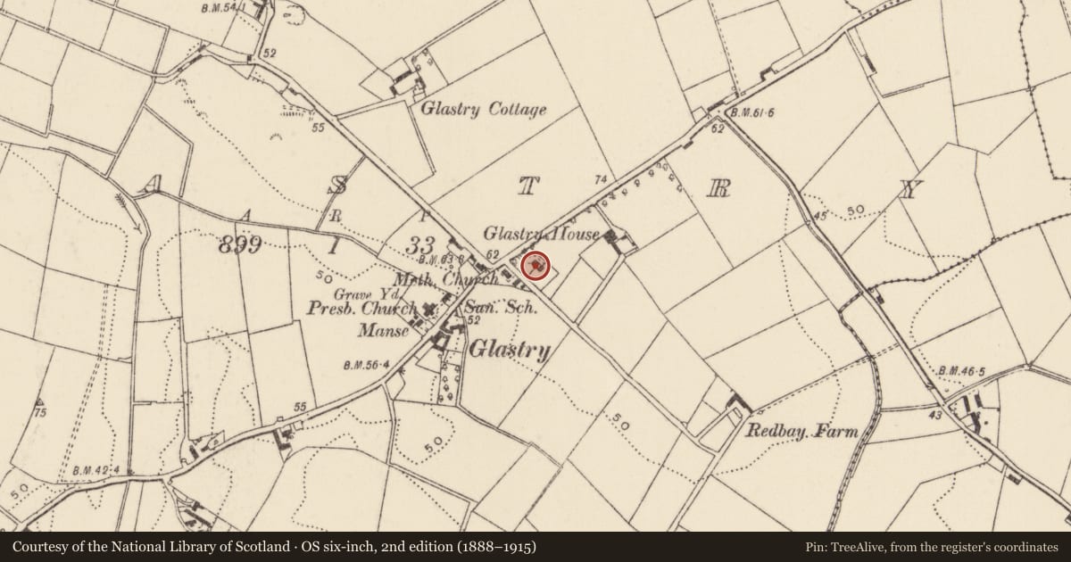 Ordnance Survey six-inch map, 2nd edition (1888–1915) covering the location of Methodist Manse, Glastry, Ards and North Down, with a pin at the register's coordinates