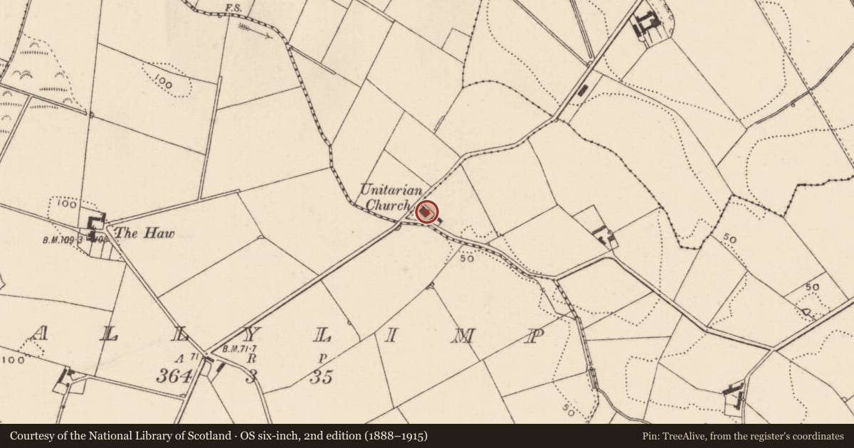 Ordnance Survey six-inch map, 2nd edition (1888–1915) covering the location of Non-subscribing Presbyterian Church, Ballyhemlin, Ards and North Down, with a pin at the register's coordinates