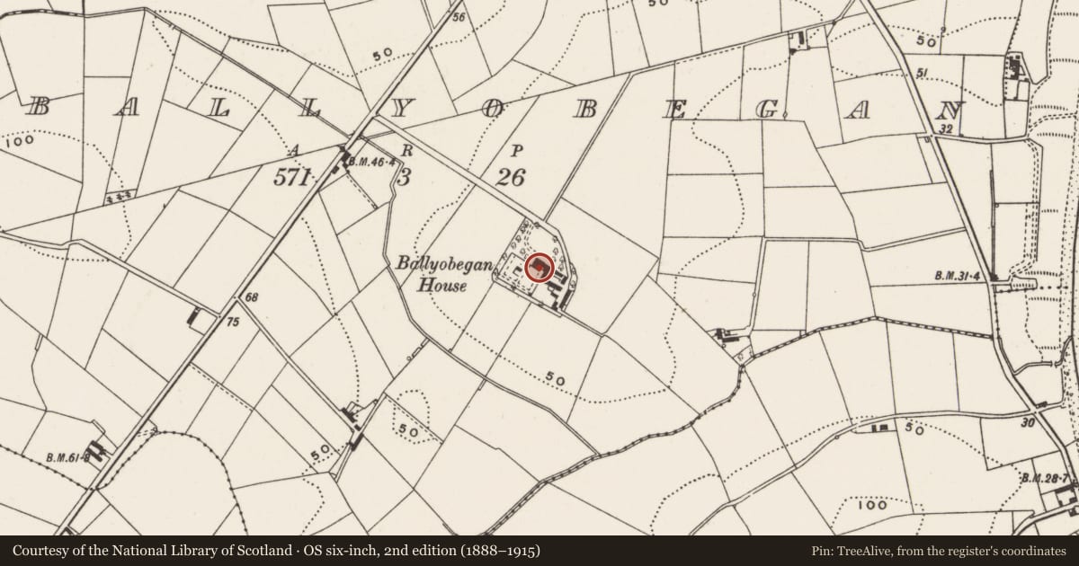 Ordnance Survey six-inch map, 2nd edition (1888–1915) covering the location of Ballyobegan House, Ards and North Down, with a pin at the register's coordinates