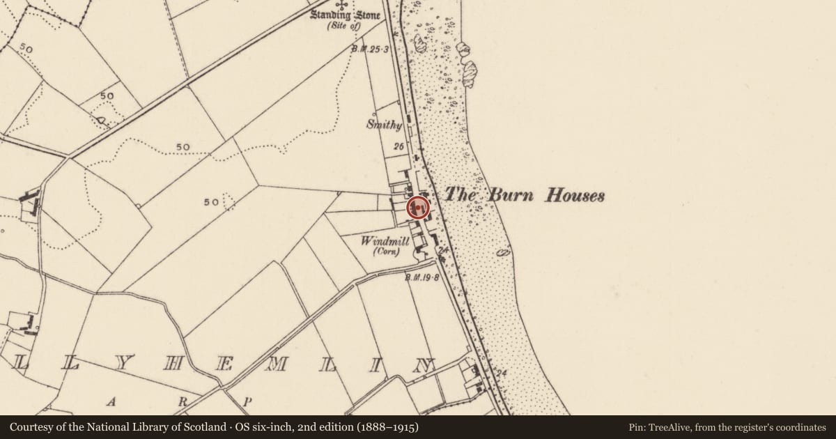 Ordnance Survey six-inch map, 2nd edition (1888–1915) covering the location of 'Burn Houses', Ballyhalbert, Ards and North Down, with a pin at the register's coordinates