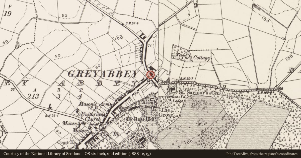 Ordnance Survey six-inch map, 2nd edition (1888–1915) covering the location of Church Street, Main Street & The Square, Greyabbey, Ards and North Down, with a pin at the register's coordinates