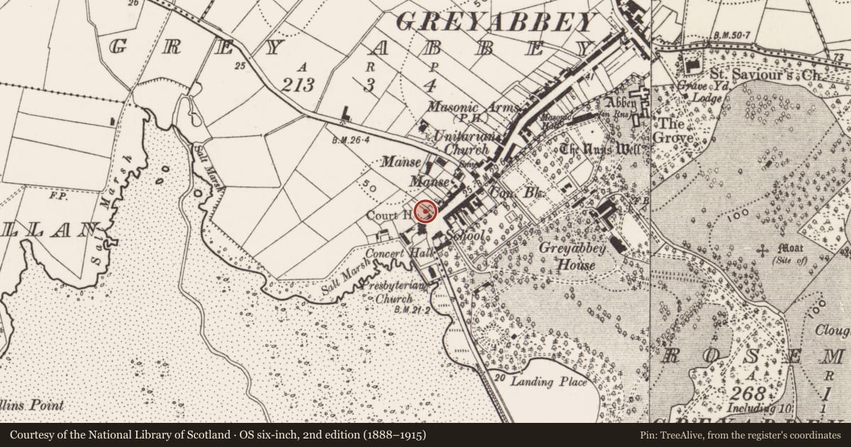 Ordnance Survey six-inch map, 2nd edition (1888–1915) covering the location of Hall, Greyabbey, Ards and North Down, with a pin at the register's coordinates