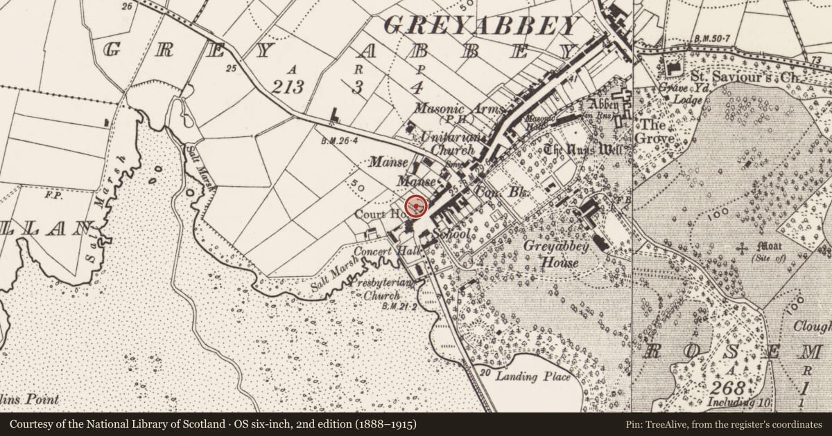 Ordnance Survey six-inch map, 2nd edition (1888–1915) covering the location of 2B The Square, Greyabbey, Ards and North Down, with a pin at the register's coordinates