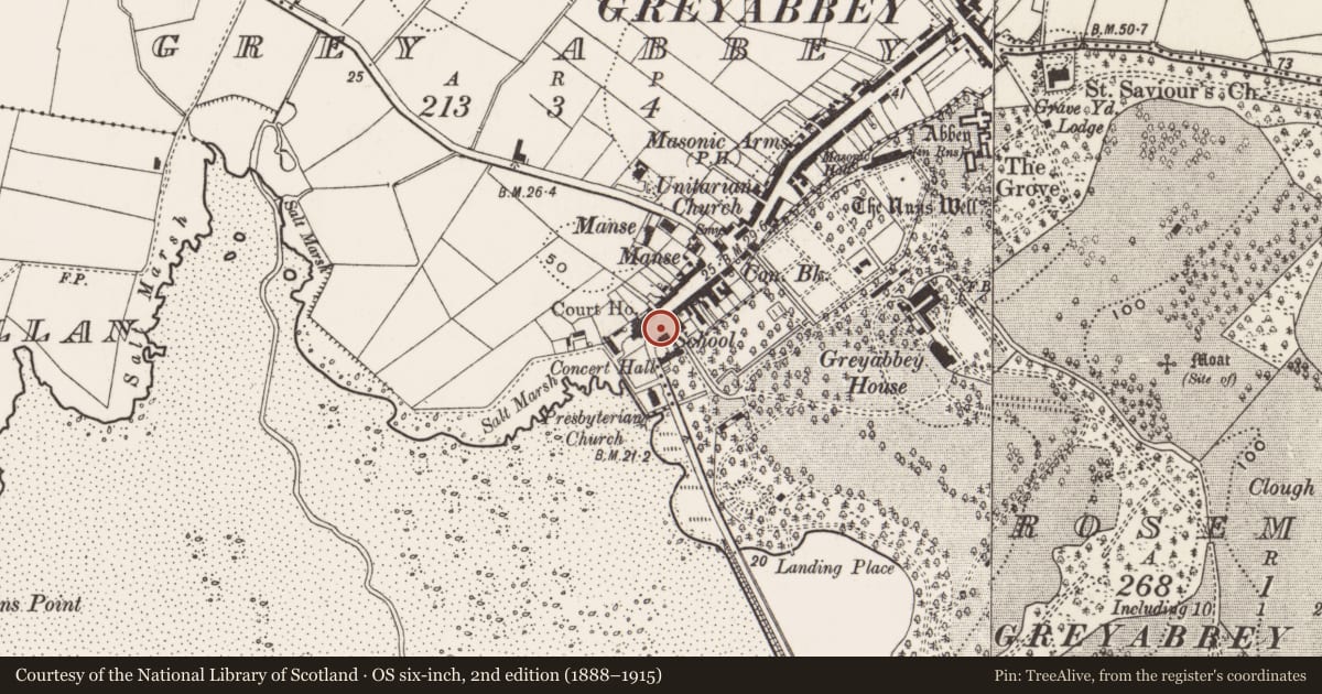 Ordnance Survey six-inch map, 2nd edition (1888–1915) covering the location of Greyabbey Primary School, Ards and North Down, with a pin at the register's coordinates