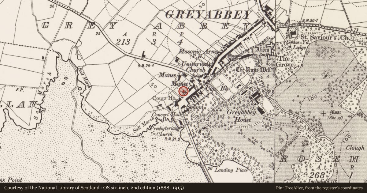 Ordnance Survey six-inch map, 2nd edition (1888–1915) covering the location of 4-6 Main Street, Greyabbey, Ards and North Down, with a pin at the register's coordinates