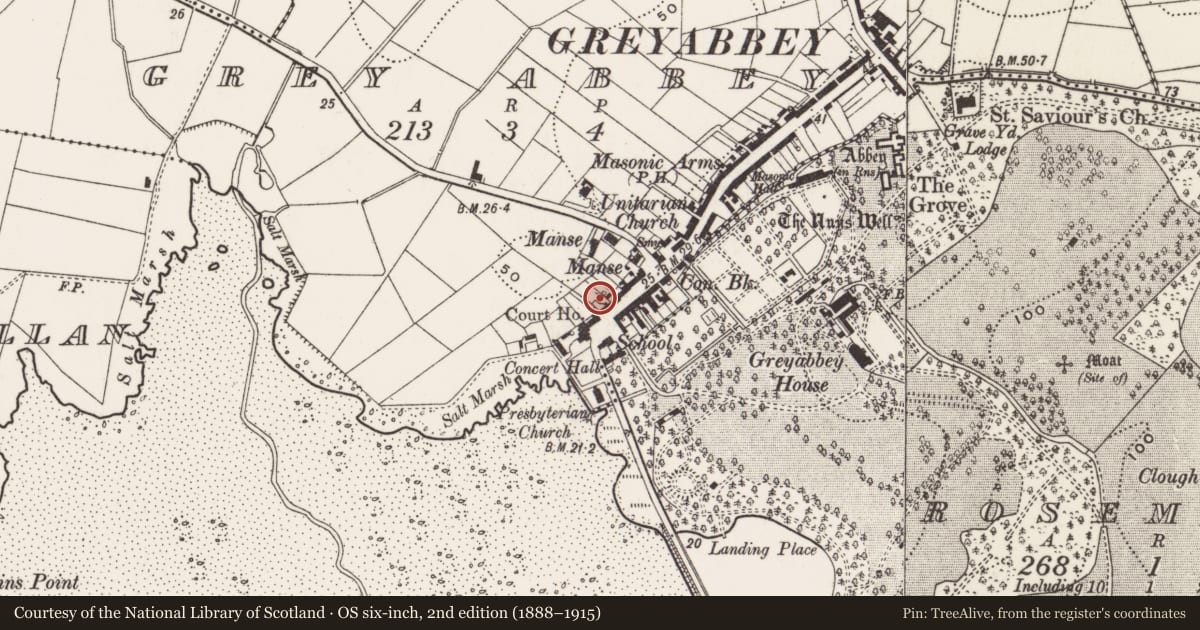 Ordnance Survey six-inch map, 2nd edition (1888–1915) covering the location of 3 The Square, Greyabbey, Ards and North Down, with a pin at the register's coordinates
