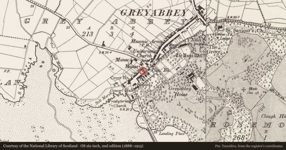 Ordnance Survey six-inch map, 2nd edition (1888–1915) covering the location of 7-9 Main Street, Greyabbey, Ards and North Down, with a pin at the register's coordinates