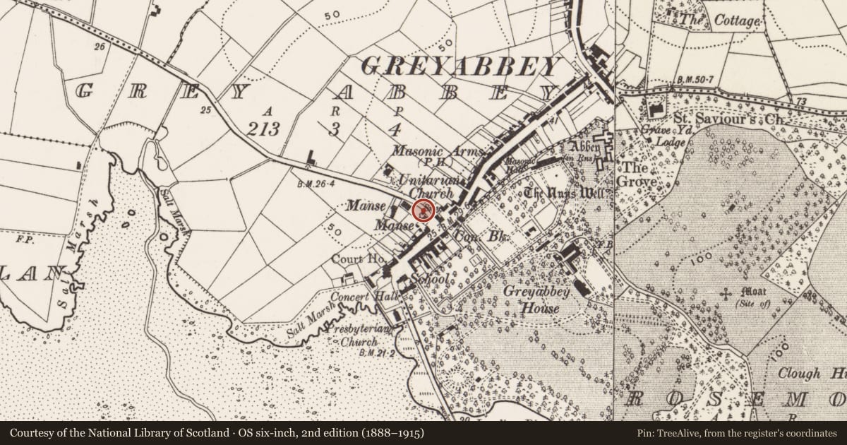 Ordnance Survey six-inch map, 2nd edition (1888–1915) covering the location of First Presbyterian Church Manse, Greyabbey, Ards and North Down, with a pin at the register's coordinates