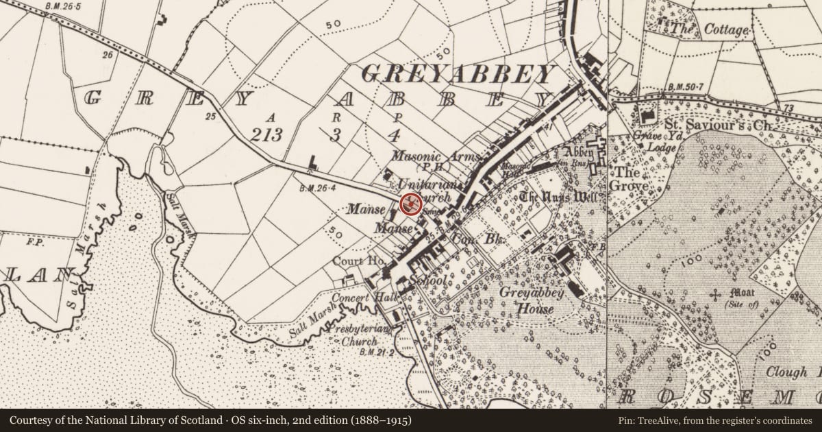 Ordnance Survey six-inch map, 2nd edition (1888–1915) covering the location of First Presbyterian Church, Greyabbey, Ards and North Down, with a pin at the register's coordinates