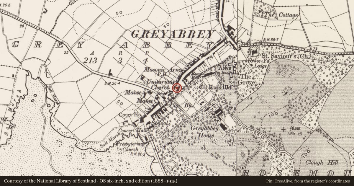 Ordnance Survey six-inch map, 2nd edition (1888–1915) covering the location of 31 Main Street, Greyabbey, Ards and North Down, with a pin at the register's coordinates