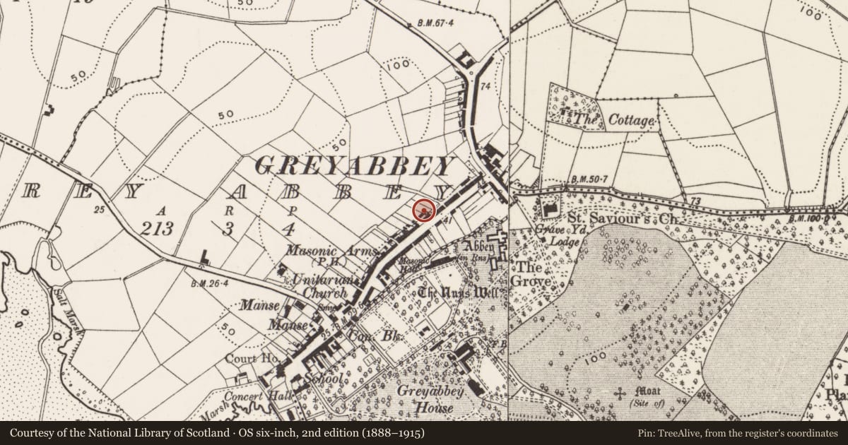 Ordnance Survey six-inch map, 2nd edition (1888–1915) covering the location of 88 Main Street, Greyabbey, Ards and North Down, with a pin at the register's coordinates