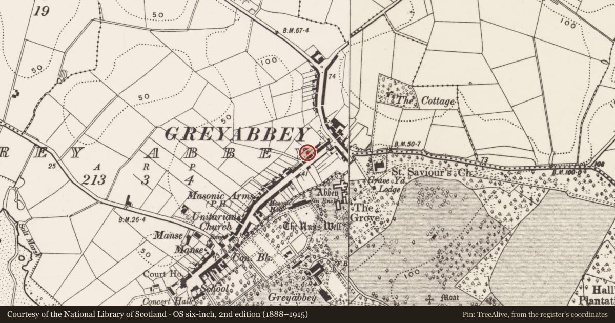 Ordnance Survey six-inch map, 2nd edition (1888–1915) covering the location of 108-118 Main Street, Greyabbey, Ards and North Down, with a pin at the register's coordinates