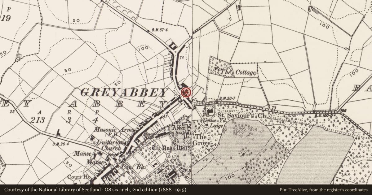 Ordnance Survey six-inch map, 2nd edition (1888–1915) covering the location of 2 Church Street, Greyabbey, Ards and North Down, with a pin at the register's coordinates