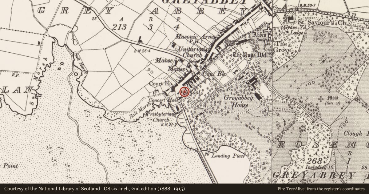 Ordnance Survey six-inch map, 2nd edition (1888–1915) covering the location of West gate lodge, Rosemount, Ards and North Down, with a pin at the register's coordinates