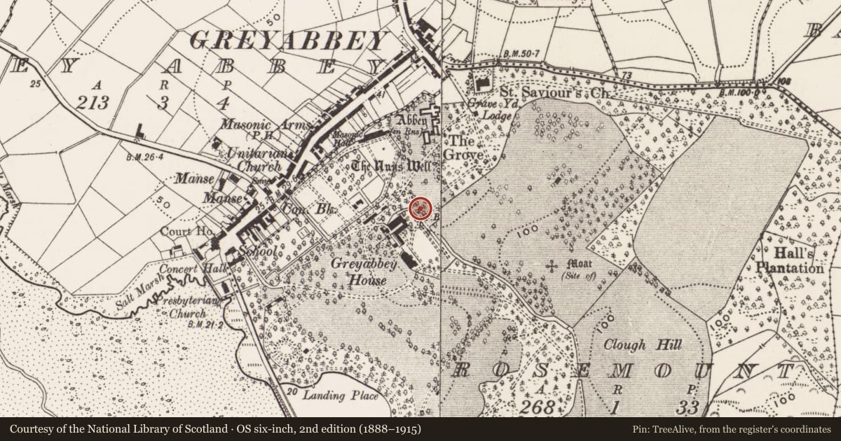 Ordnance Survey six-inch map, 2nd edition (1888–1915) covering the location of Footbridge over sunken drive, Rosemount, Ards and North Down, with a pin at the register's coordinates
