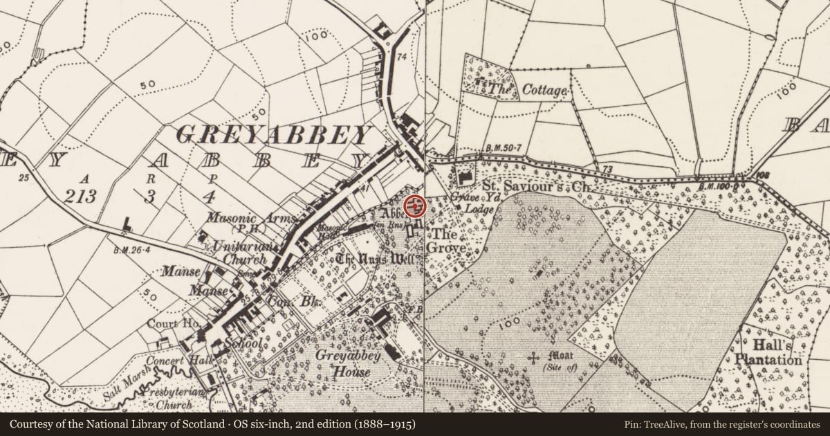 Ordnance Survey six-inch map, 2nd edition (1888–1915) covering the location of Cistercian Abbey ruins, Rosemount, Ards and North Down, with a pin at the register's coordinates